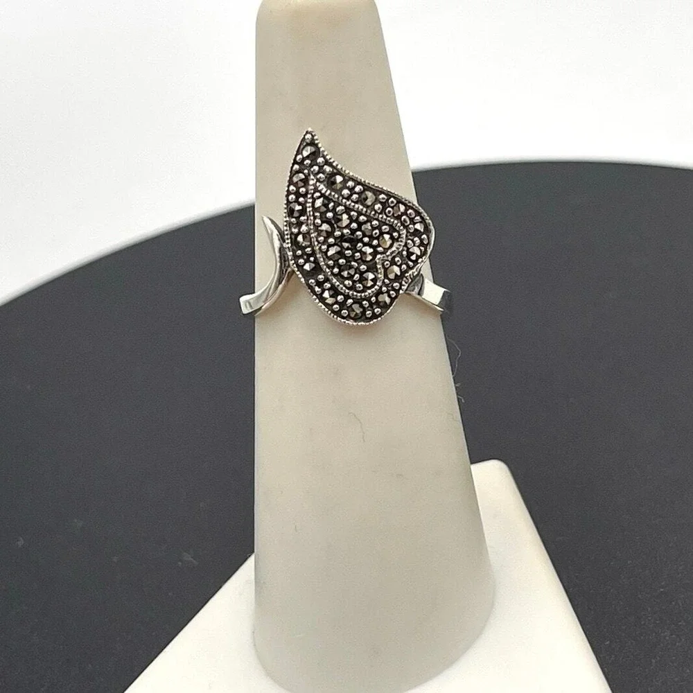 Marsala Marcasite 925 Sterling Silver Leaf Swirl Ring 3 grams Sz 6.75